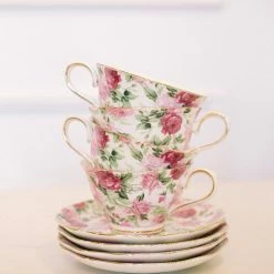 Coastline Imports Summer Rose Cups And Saucers Kitchen