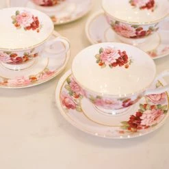 Coastline Imports Peony And Strawberry Blue Tea Cups And Saucers Kitchen