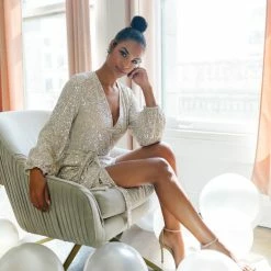 Saints & Hearts Clothing Diana Surplice Sequin Longsleeve Romper