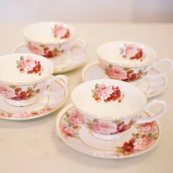 Coastline Imports Peony And Strawberry Blue Tea Cups And Saucers Kitchen