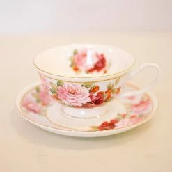 Coastline Imports Peony And Strawberry Blue Tea Cups And Saucers Kitchen
