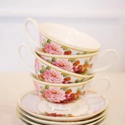 Coastline Imports Peony And Strawberry Blue Tea Cups And Saucers Kitchen