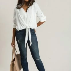 En Creme Jessica Off White Front Tie Top