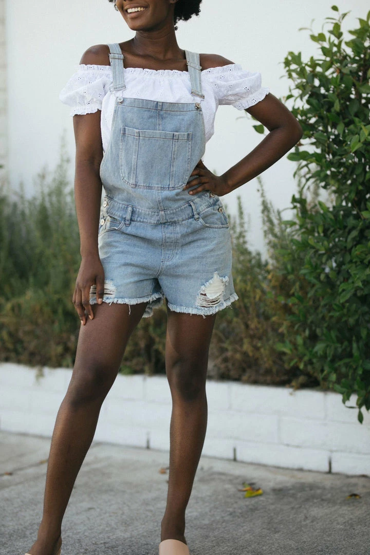 She + Sky Colleen Distressed Denim Overalls