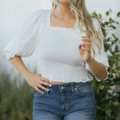 She + Sky Abigail Smocked Satin Blouse Clothing