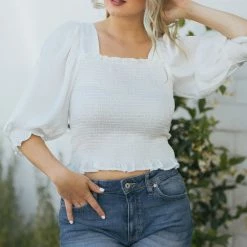 She + Sky Abigail Smocked Satin Blouse Clothing